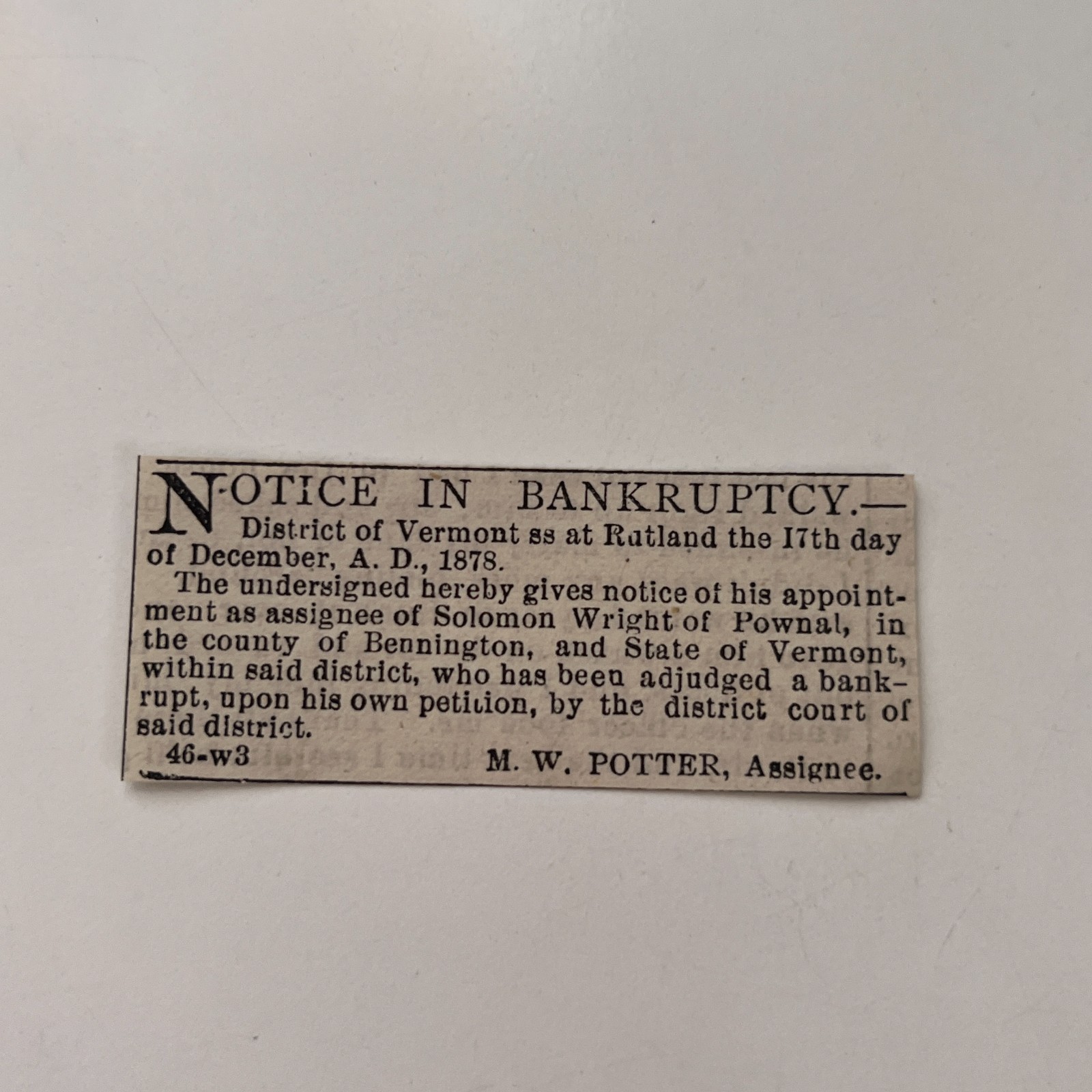 Notice in Bankruptcy M. W. Potter 1878 Bennington VT Clipping TAJ8-S13