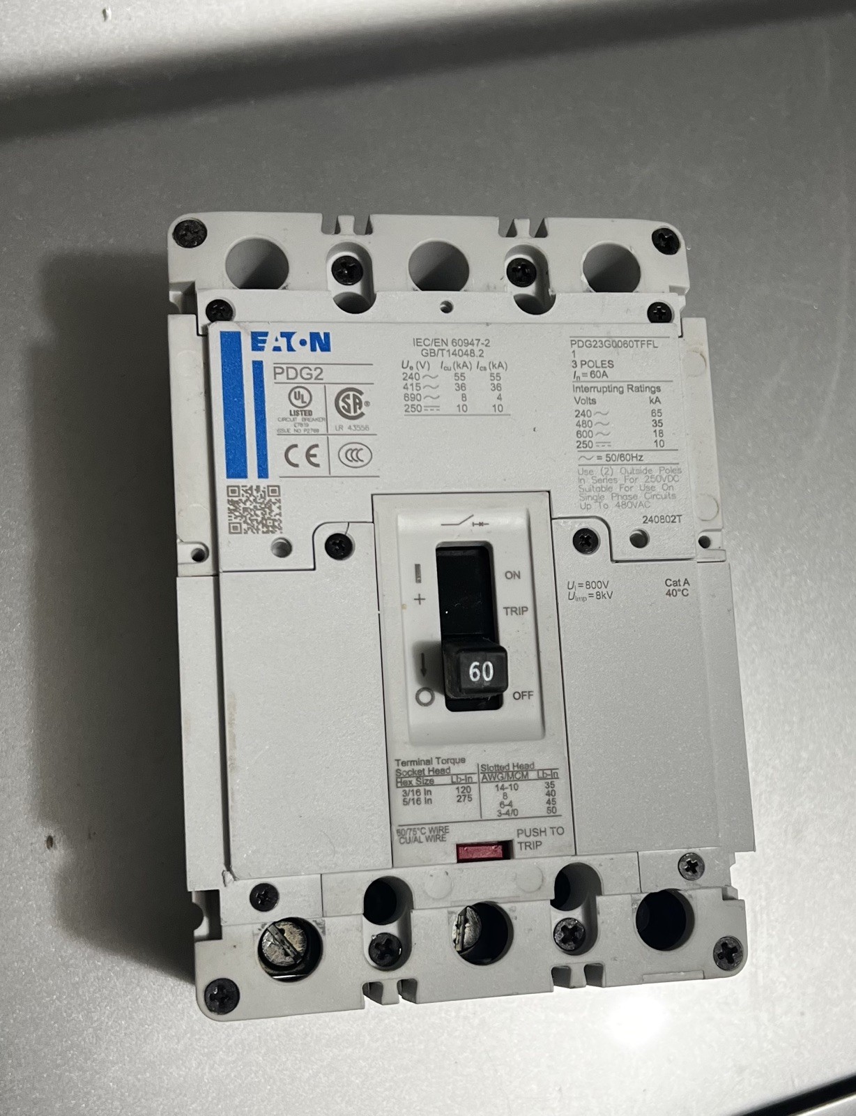 NEW EATON PDG2 PDG23G0060TFFL 3 Pole 60 Amp 600V Circuit Breaker  NTO
