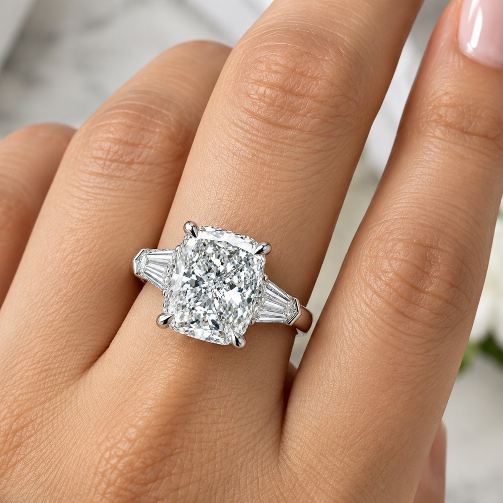 3.5Ct Cushion Cut Lab Grown Diamond Engagement 14K White Gold Three-Stone Ring