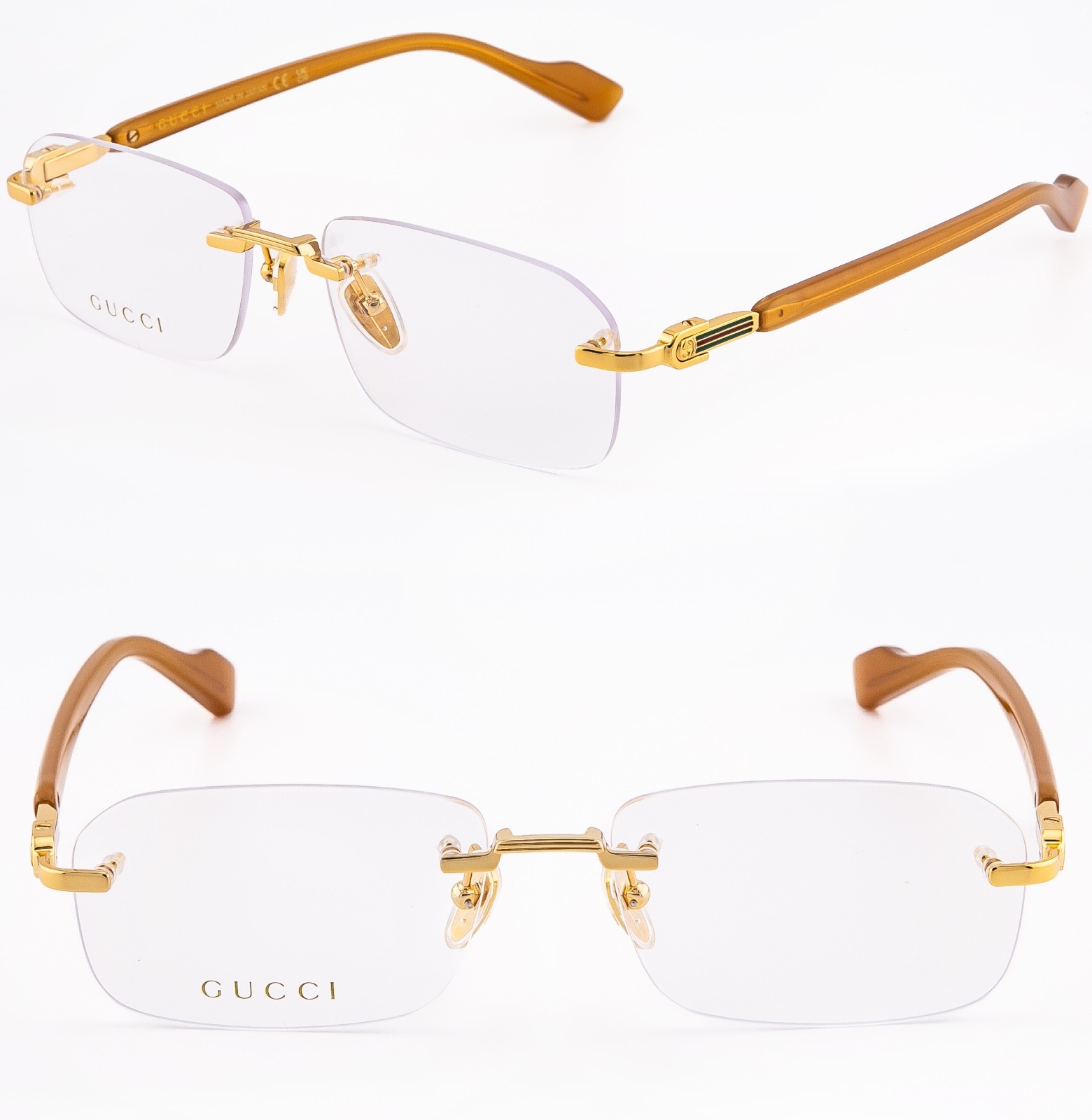GUCCI GG1221O 1221 Yellow Gold Classic Stripe Unisex Narrow Eyeglass 006 GG1221