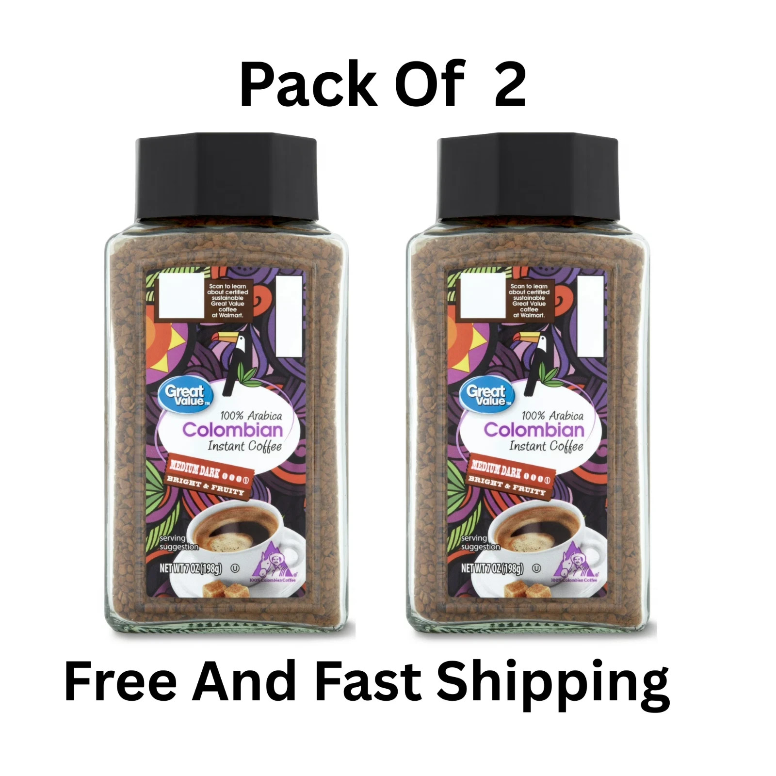 (Pack 2) Great Value 100% Arabica Colombian Instant Coffee,Medium-Dark Roast,7oz (Pack 2) Great Value 100% Arabica Colombian Instant Coffee,Medium-Dark Roast,7oz