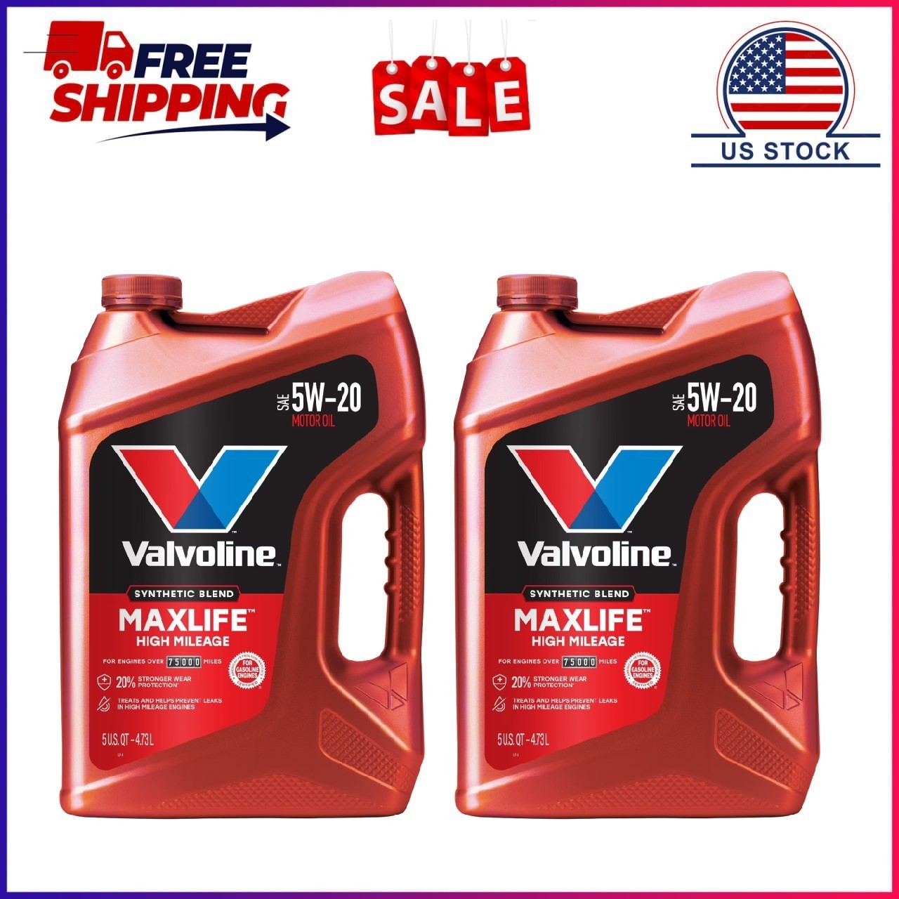 2 Pack, Valvoline MaxLife High Mileage 5W-20 Synthetic Blend Motor Oil 5 Quart