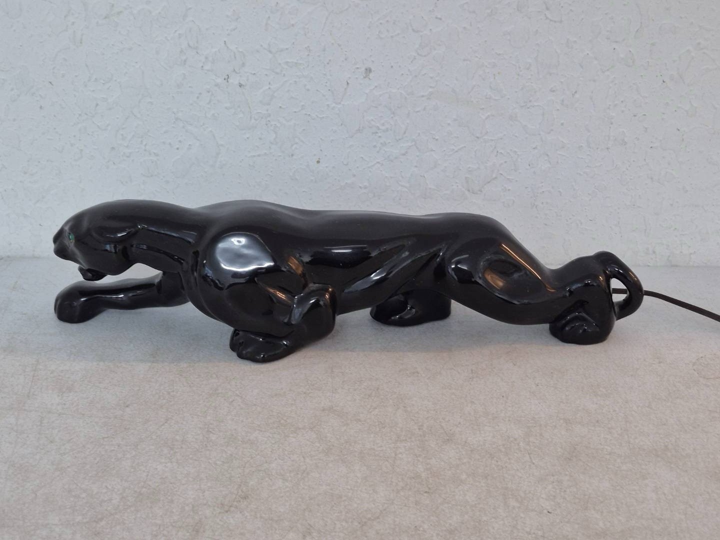 Vintage MCM 1950s Black Panther TV Lamp Sleek Prowling Ceramic Green Eye WORKS