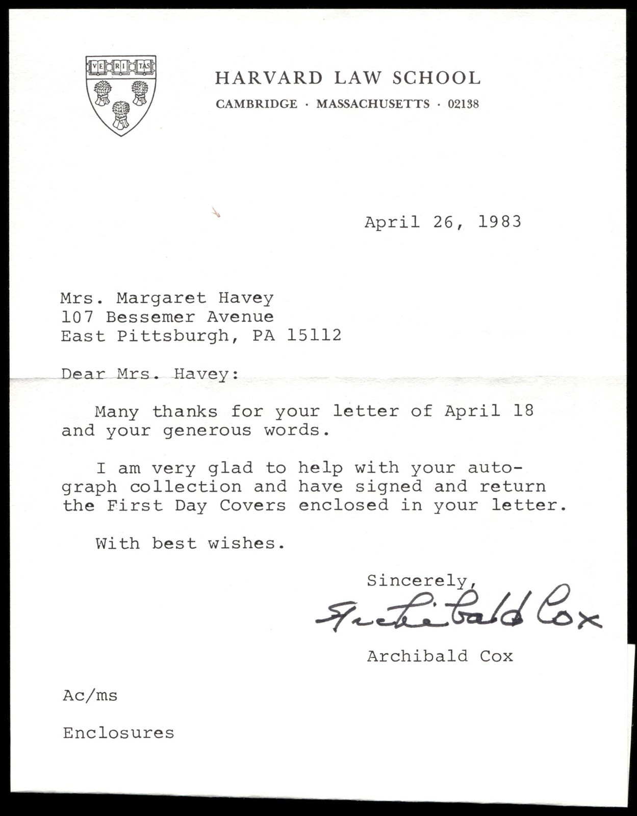 Watergate Archibald Cox Signed 1983 Letter Auto -Vintage Autograph Watergate Archibald Cox Signed 1983 Letter Auto -Vintage Autograph