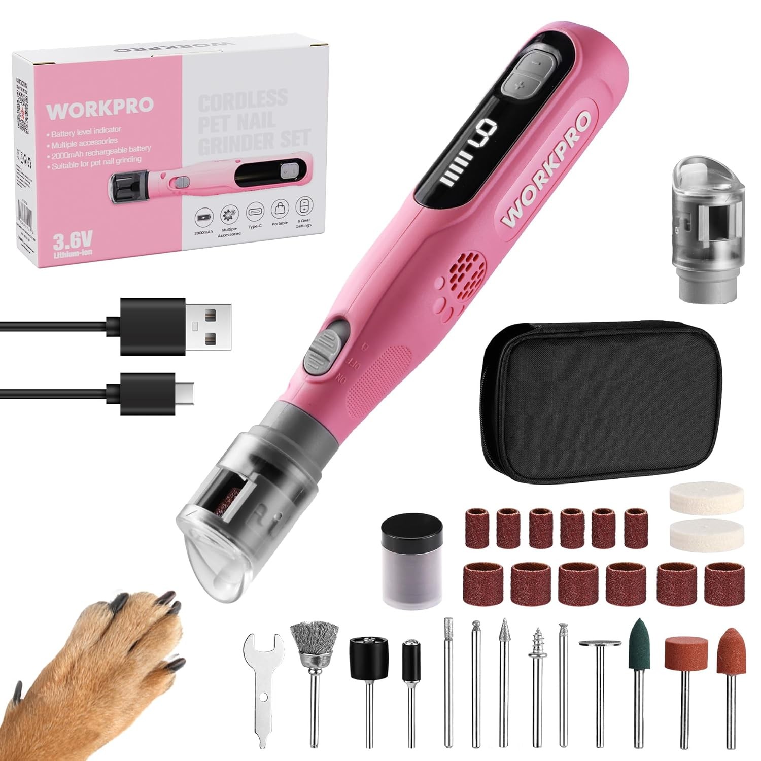 WORKPRO Electric Pet Dog Nail Grinder 70 Accessories Rotary Tool 6-Speeds Type-C