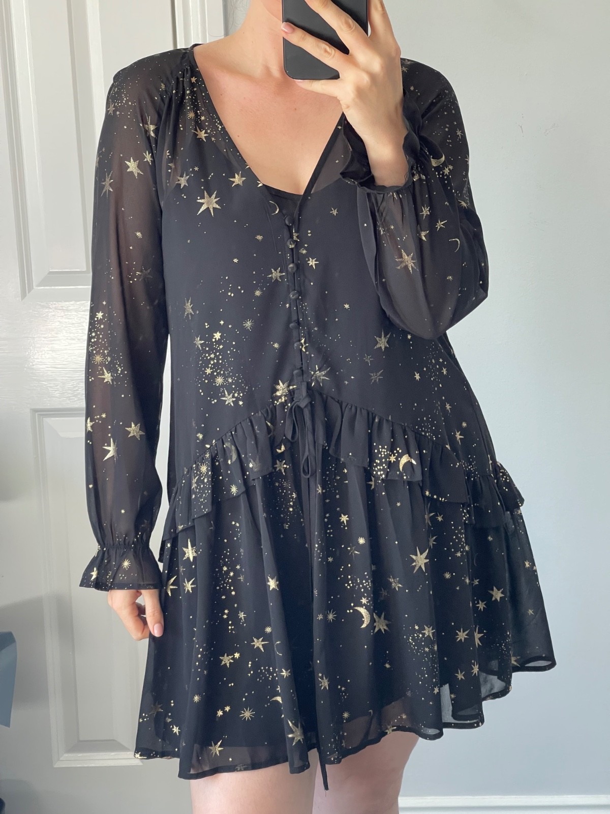 If By Sea Anthropologie Celestial Star Moon Dress UK S Black Gold Sheer