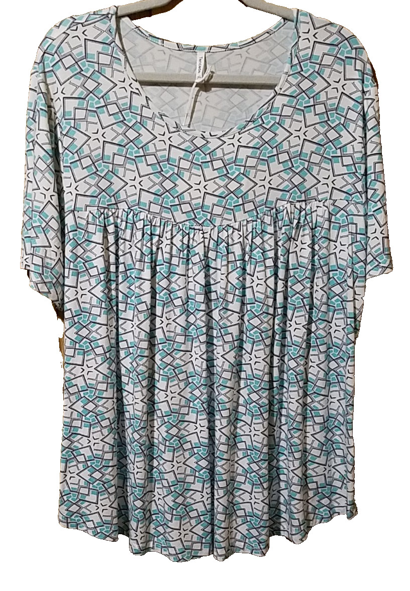 TENCEDE WOMAN SIZE 2X BLACK/AQUA PRINT SWING TOP SHORT SLEEVE ROUND NECK NWT TENCEDE WOMAN SIZE 2X BLACK/AQUA PRINT SWING TOP SHORT SLEEVE ROUND NECK NWT