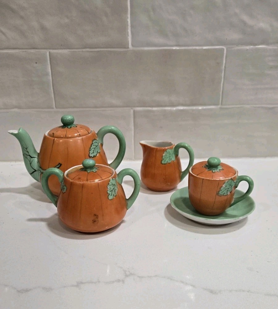 Vintage Pre-1921 Nippon Miniature Tea Set Pumpkin Pattern Hand Painted Porcelain Vintage Pre-1921 Nippon Miniature Tea Set Pumpkin Pattern Hand Painted Porcelain