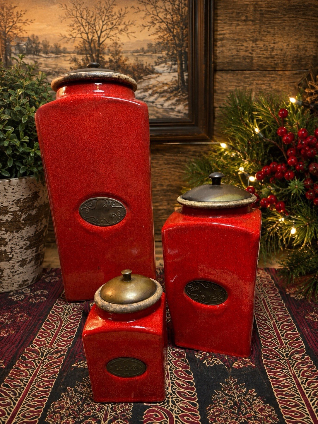 Pier 1 Imports Rustic Brick Red 3 Ceramic Canister Set Coffee Tea Sugar Lids