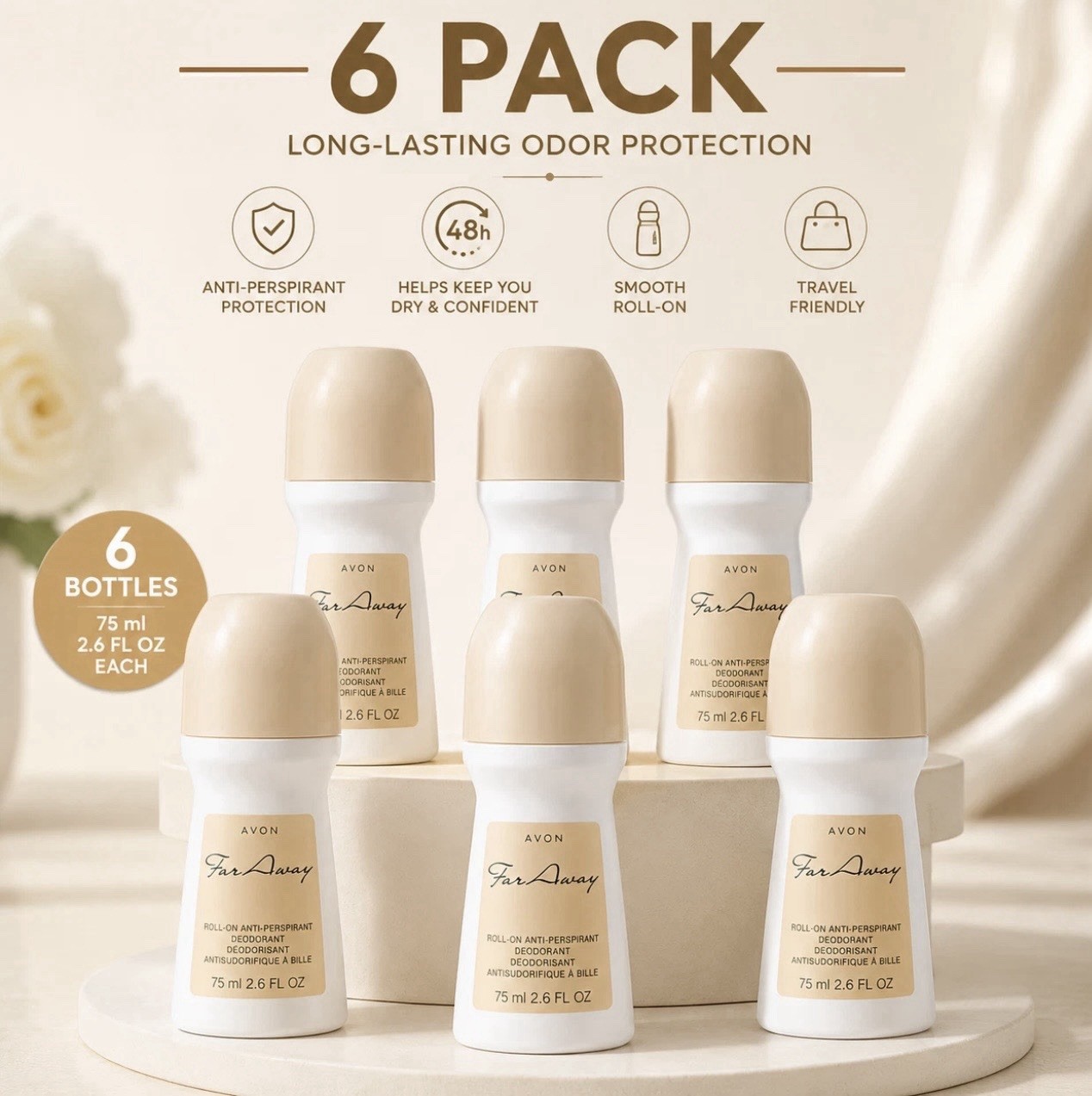 Avon Far Away Women’s Roll-On Antiperspirant Deodorant 24-Hour 6 Pack 2.6 fl oz Avon Far Away Women’s Roll-On Antiperspirant Deodorant 24-Hour 6 Pack 2.6 fl oz