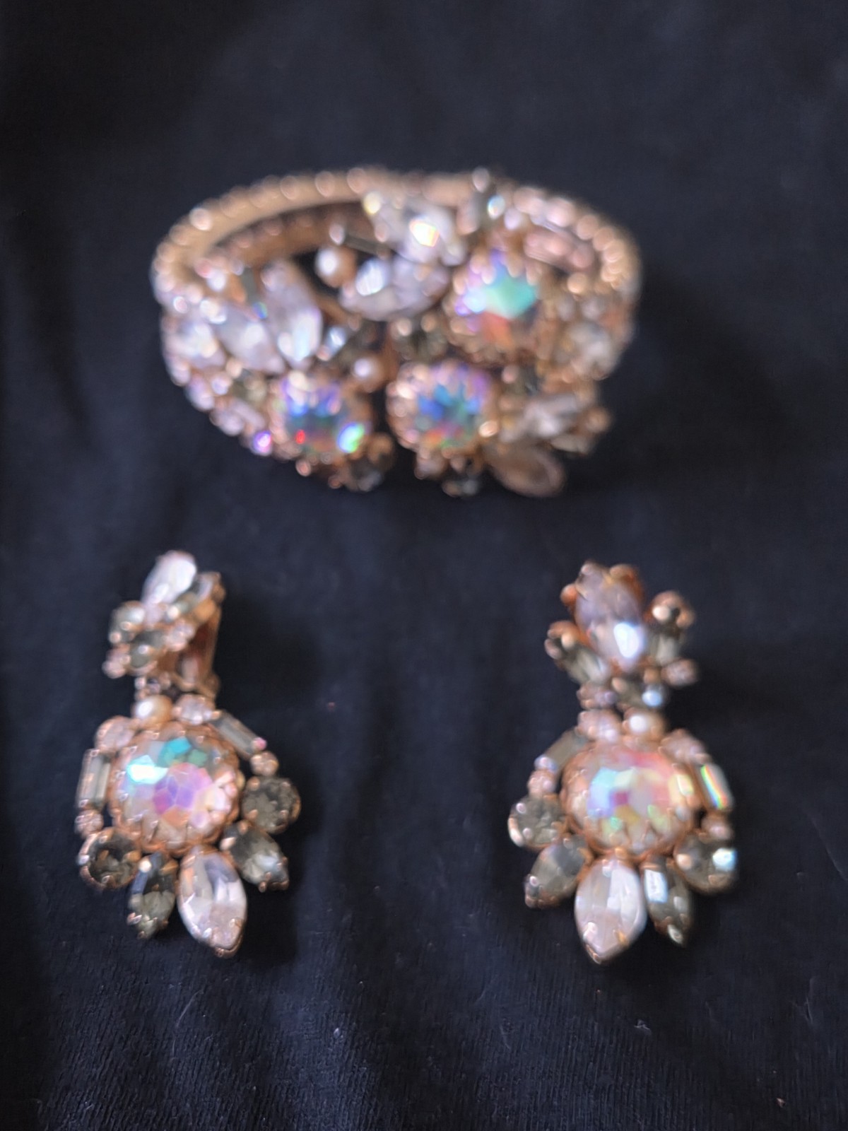 Signed Hobe Demi-parure Clamper AB Bracelet W/Earrings Gold Tone Set (Estate)