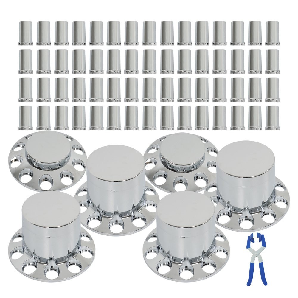 Chrome Flat Top Hub Cover Kit Lug Nut Wheel Axle Covers For Semi Truck 33mm