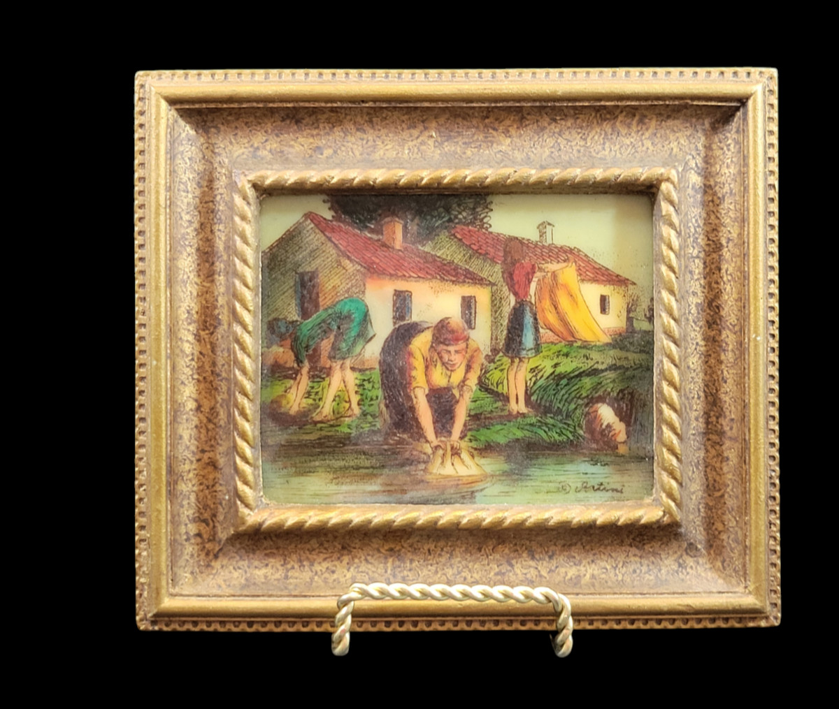 Genuine Artini Enamel Wall Art Ladies Washing Clothes Hand Painted Framed 7.5\