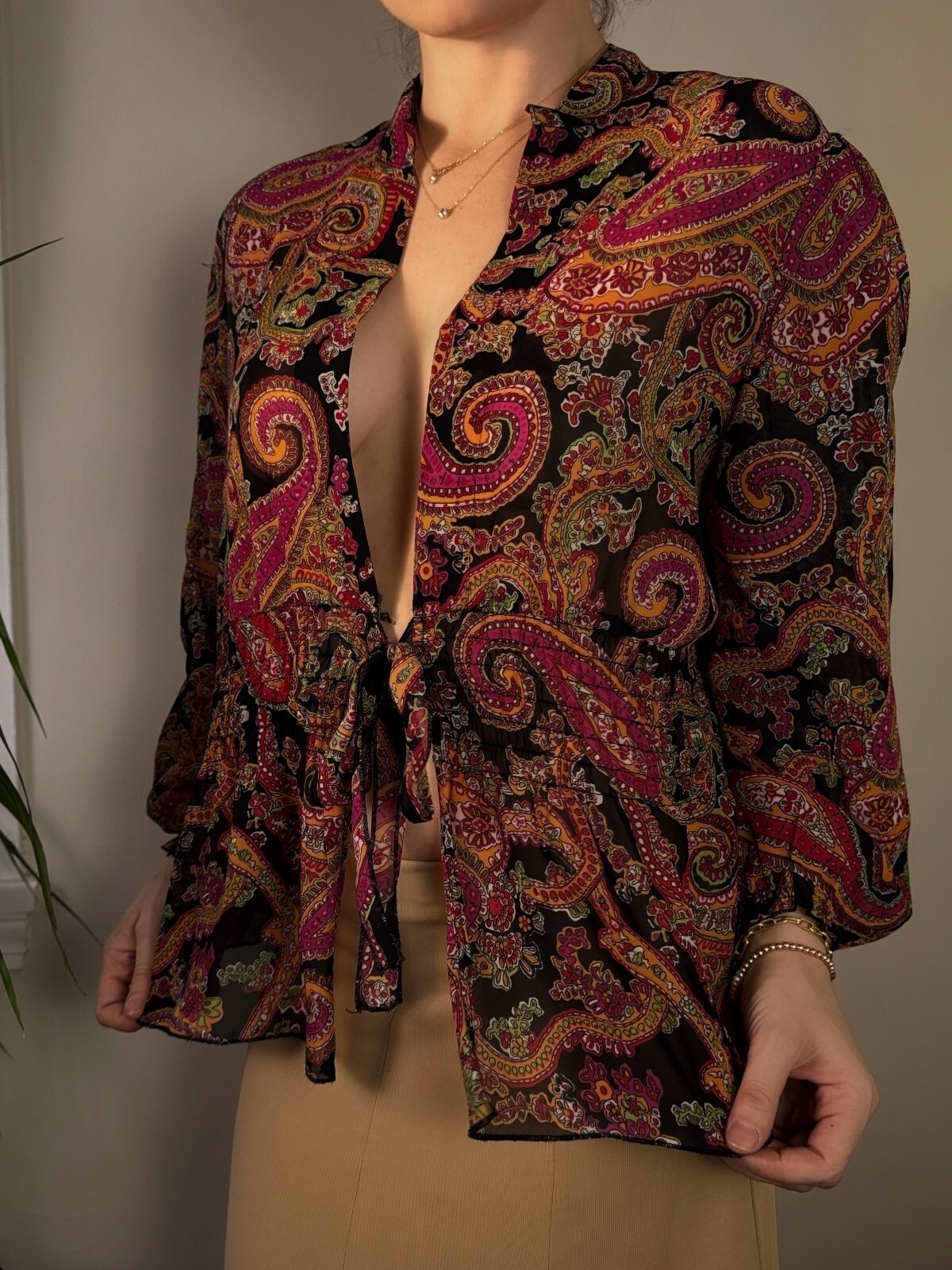 Coldwater Creek Paisley Sheer Tie Front Peplum Blouse M Fall Boho