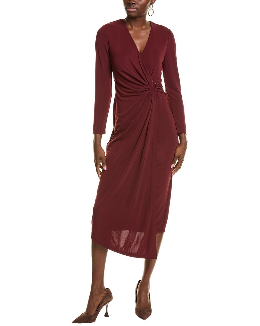 Anne Klein V-Neck Side-Ruched Jersey Midi Dress Women\'s L Syrah Red Long Sleeve