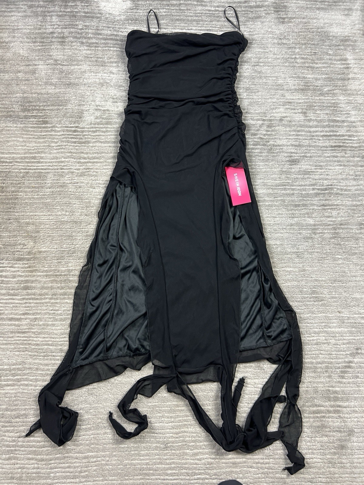 Shein Icon Dress Bodycon Womens Medium Black Strapless Side Slit Sheer Overlay Shein Icon Dress Bodycon Womens Medium Black Strapless Side Slit Sheer Overlay