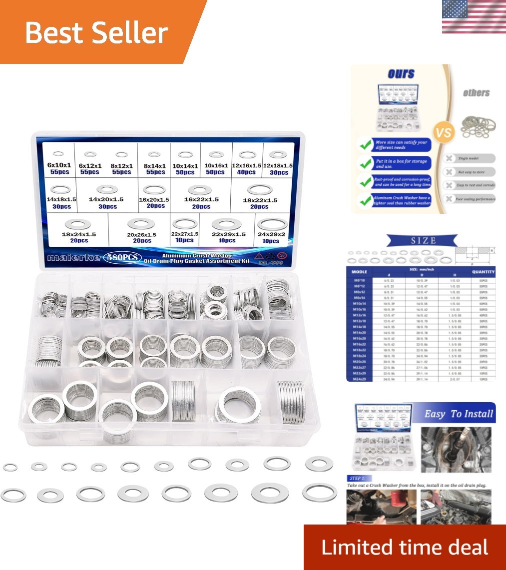 580PCS Crush Washer Oil Drain Plug,18 Sizes Aluminum Oil Drain Plug Gasket As... 580PCS Crush Washer Oil Drain Plug,18 Sizes Aluminum Oil Drain Plug Gasket As...