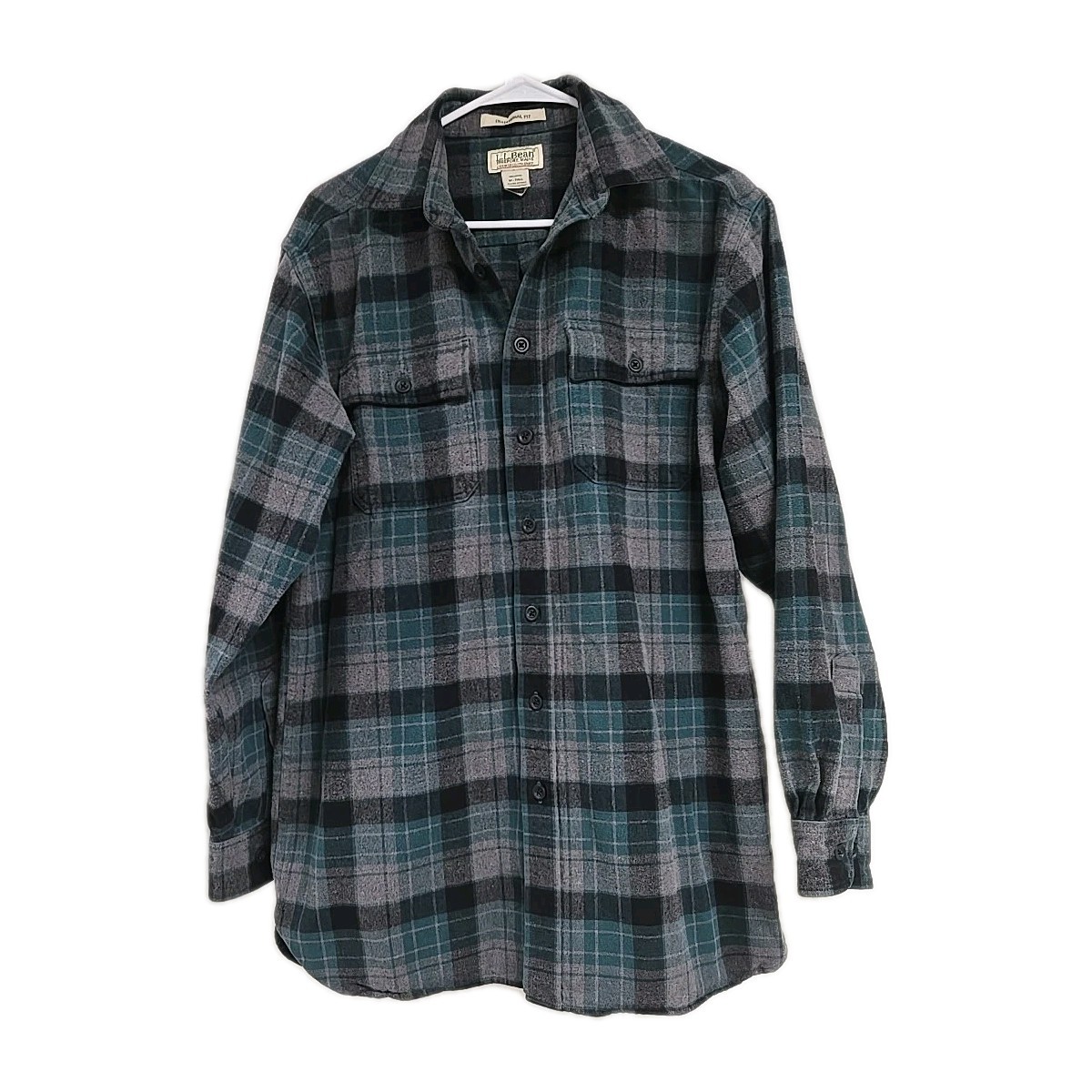 L.L. Bean Traditional Fit Chamois Cloth Tartan Plaid Green Black Men’s Sz M TALL