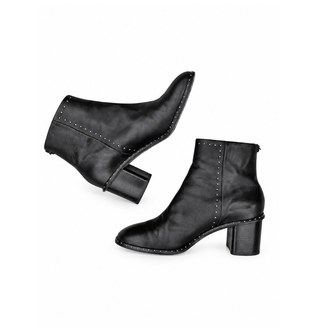 Rag & Bone Black Leather Studded Block Heel Ankle Boots EU 40 US 9.5 Italy