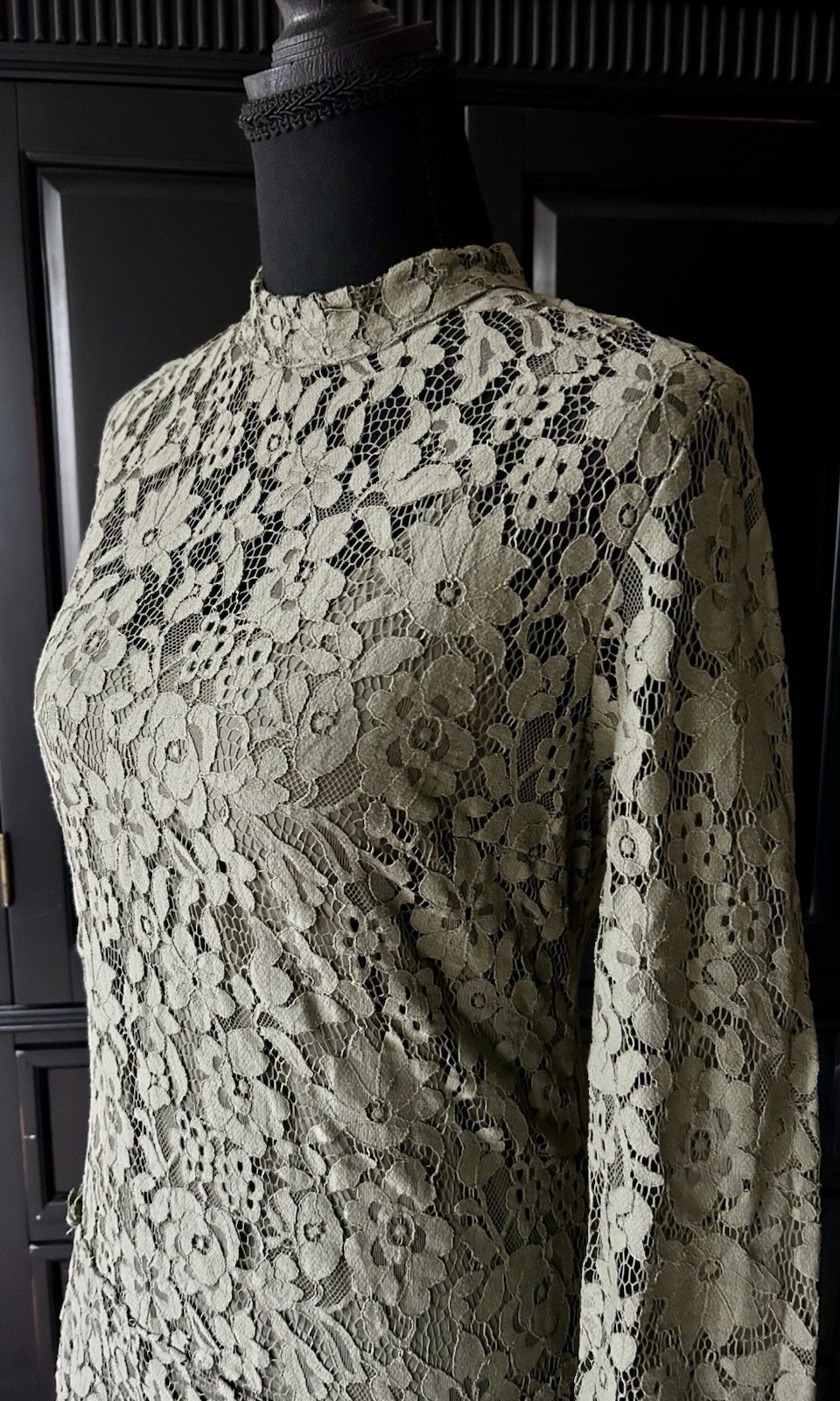 Nota Batida Italy Olive Green Lace W/Slip Dress Cottage Formal Dress Size S