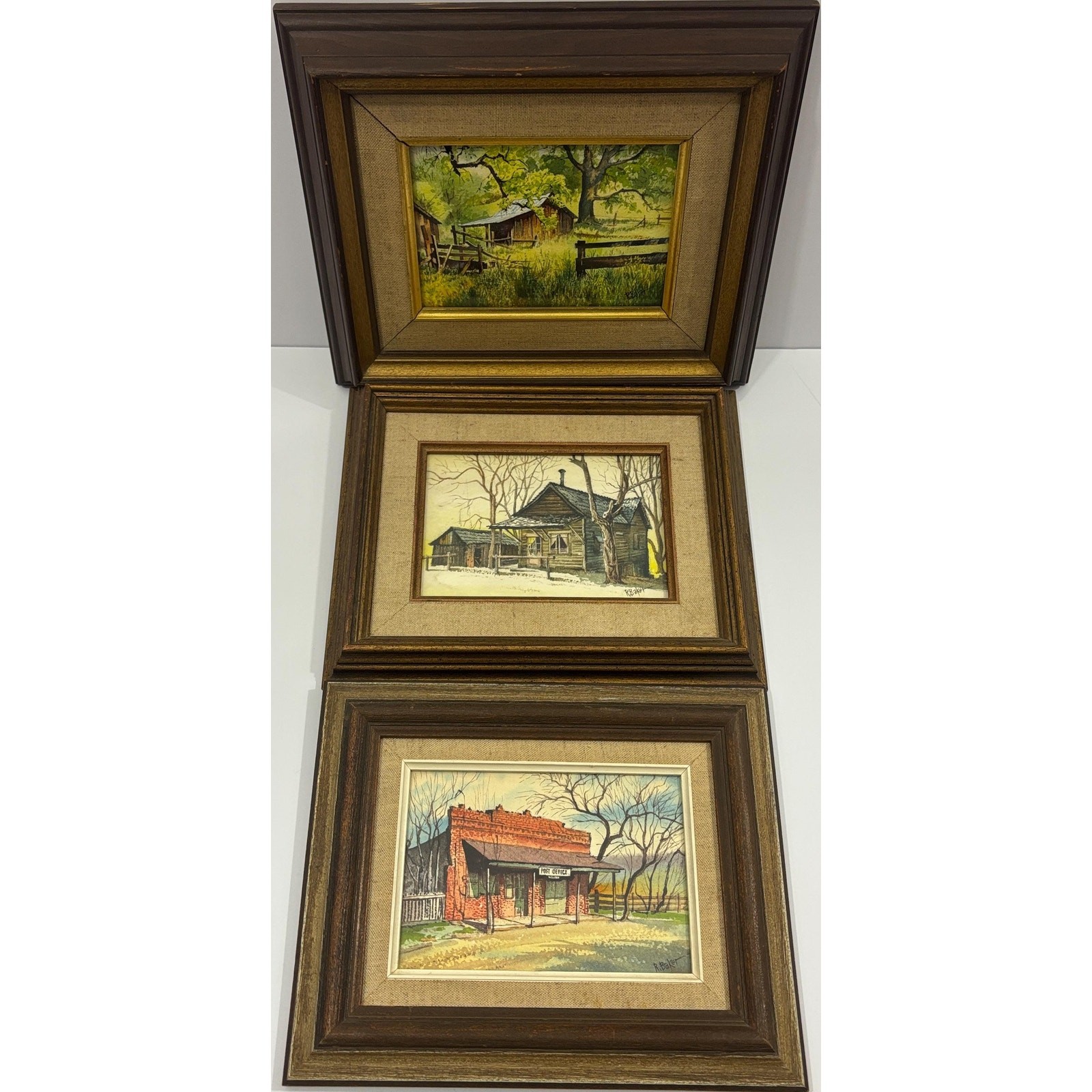 Framed Mini Watercolor Paintings, Rustic Americana Art Set, Signed R. Baker