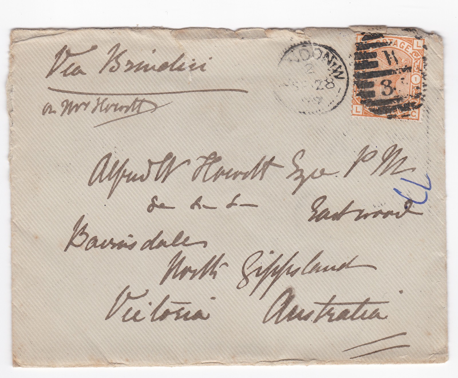 1877 QV 8d ORANGE STAMP PL1 ON COVER TO ALFRED WILLIAM HOWITT POLICE MAGISTRATE