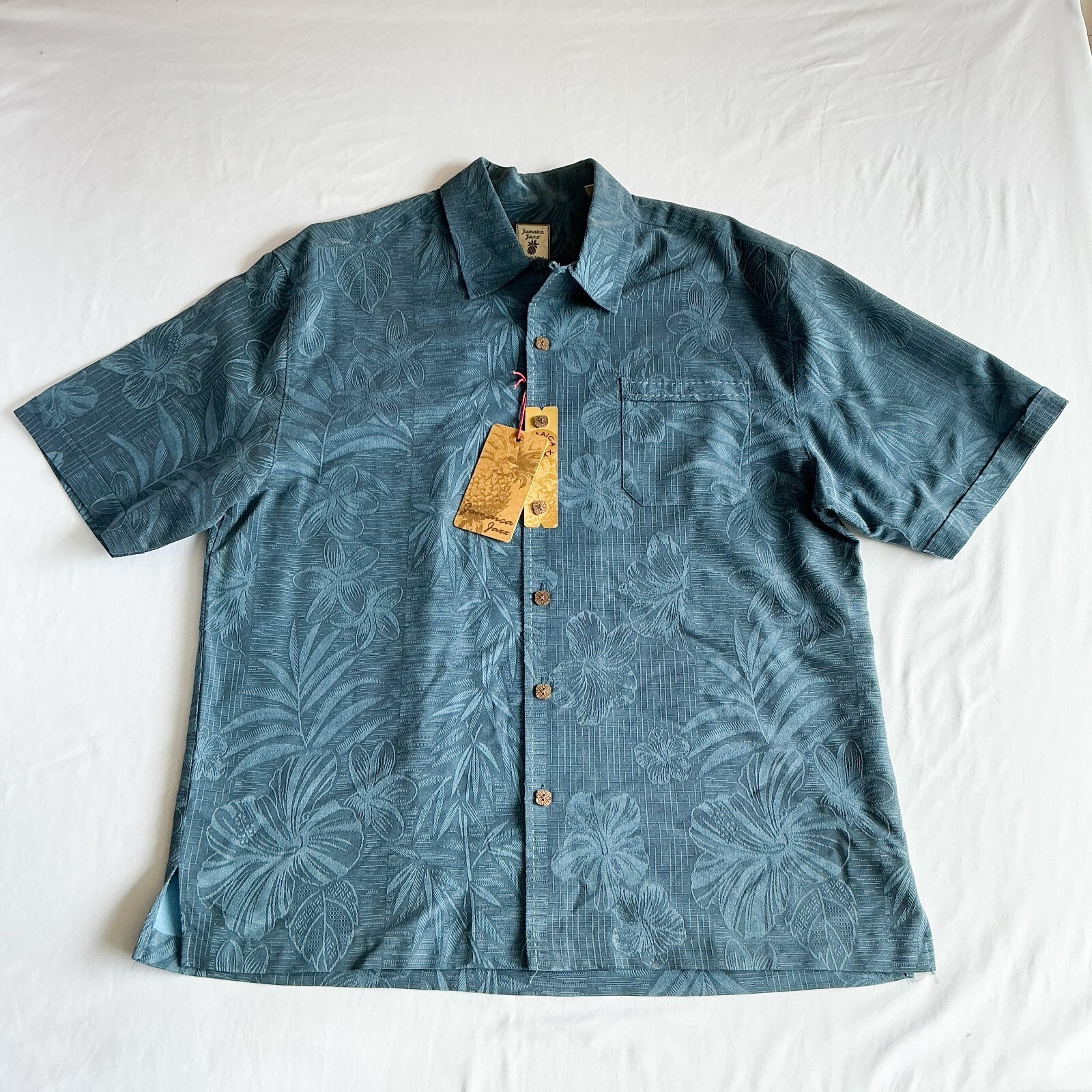 Jamaica Jaxx Men’s Blue 100% Silk Hawaiian Floral Jacquard Shirt L
