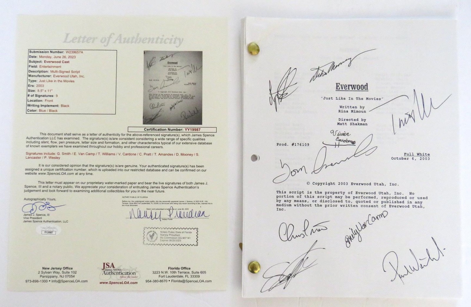 2003 EVERWOOD Script Signed by Cast Chris Pratt, Treat Williams JSA COA RARE