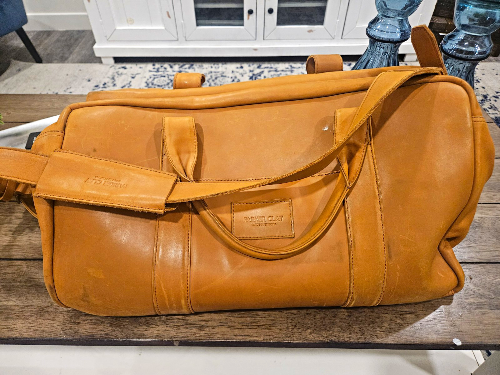 Parker Clay Brown Leather Duffle Bag Adjustable Straps Made in Ethiopia