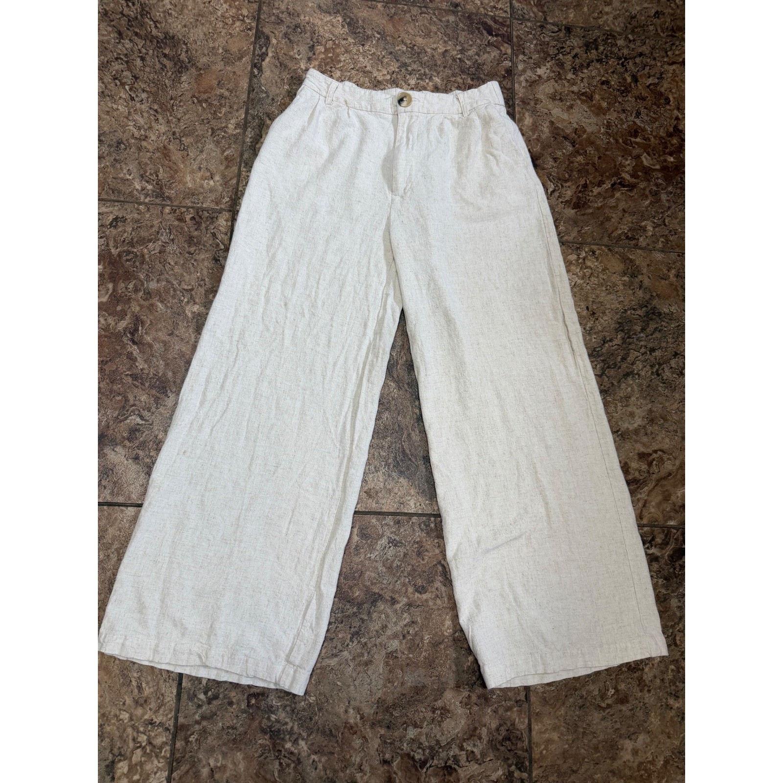 Indero Womens Cream Linen Blend Wide Leg Pants Elastic Waist Size L