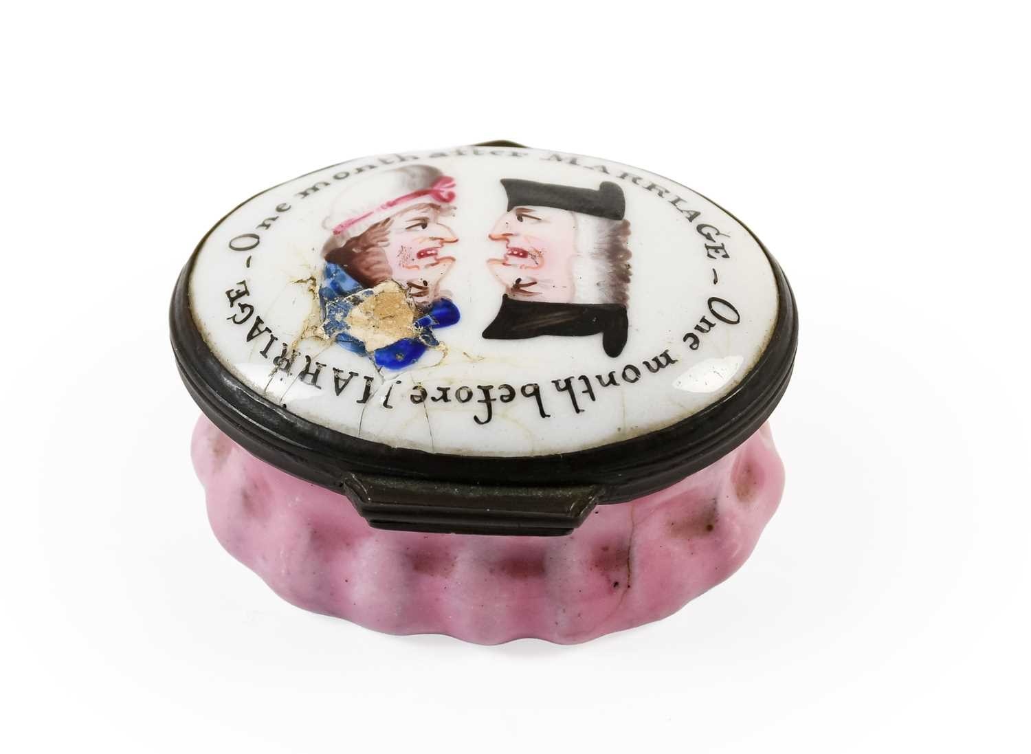 Antique South Staffordshire Bilston enamel  patch box One Month Before Marriage