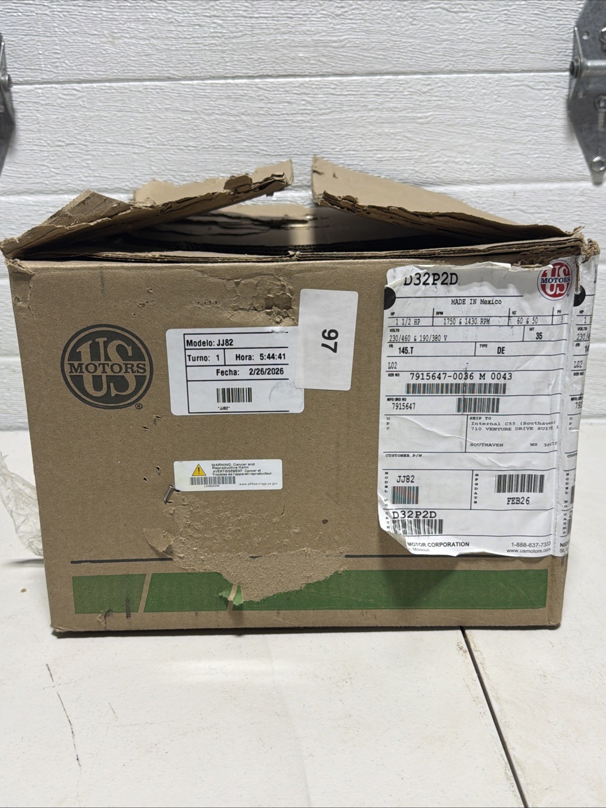 U.S. MOTORS D32P2D Motor,1 1/2 HP,145T Frame,Three Phase 56JD12