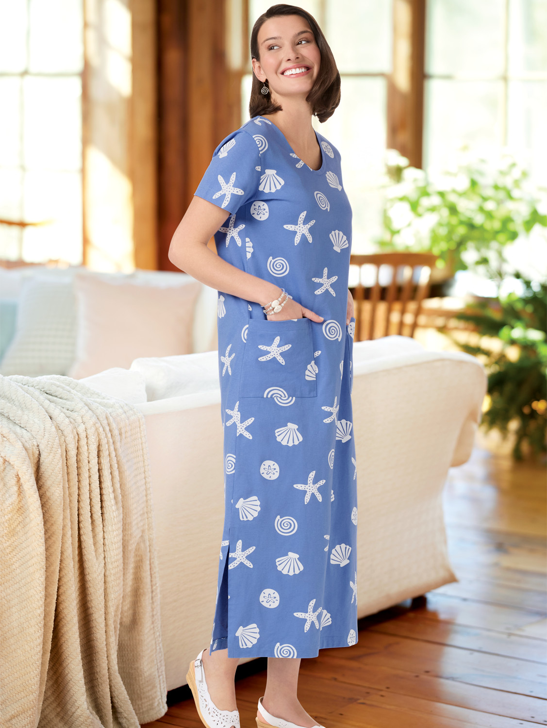 M.MAC Pearly Seashells Cotton Knit Ankle-Length Dress With Pockets, Cornflower