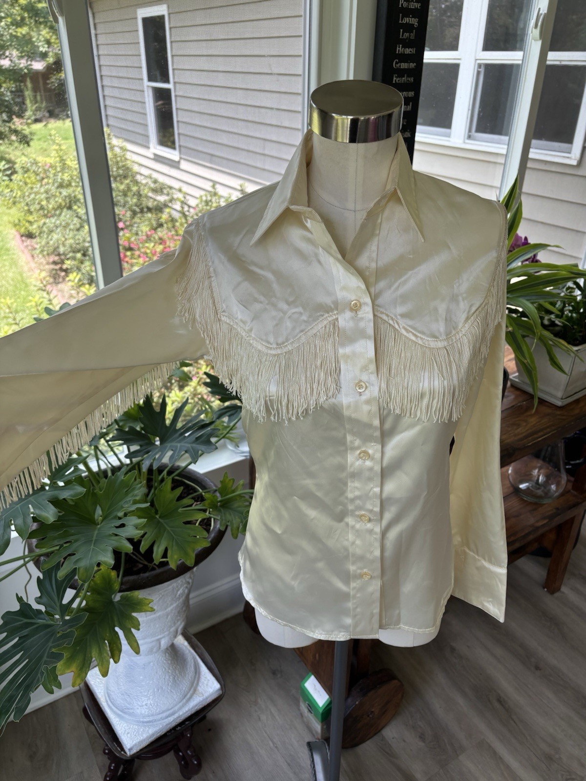 Vintage 70s Stage West Ivory Satin Fringe Western Button-Up Shirt XS Made in USA
