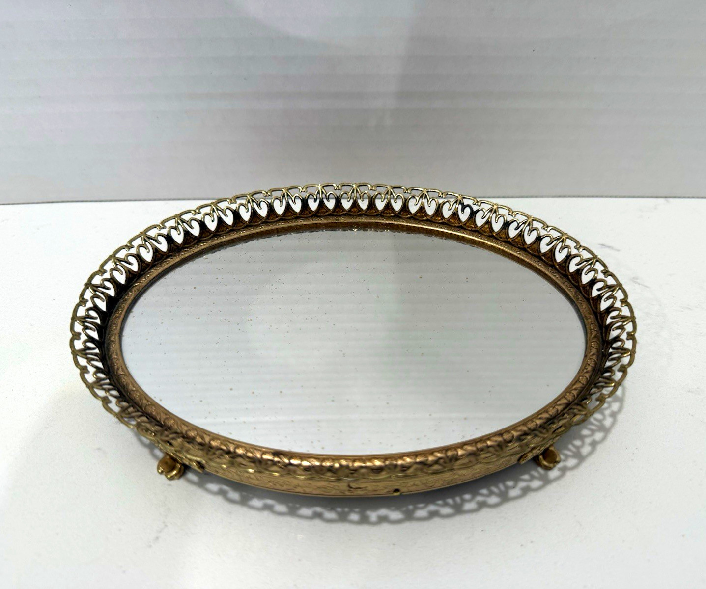 Vintage Ornate Gold Filigree Oval Mirror Vanity Tray - Hollywood Regency