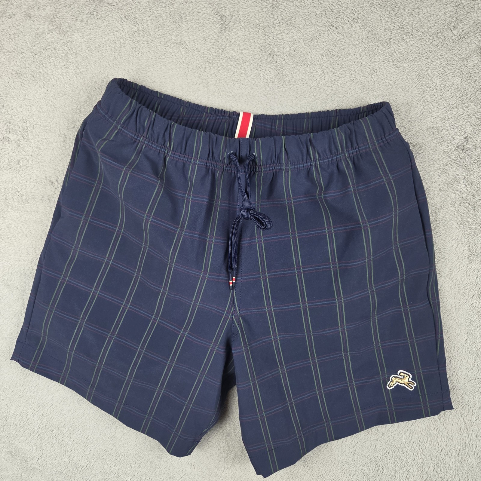 Tracksmith x J Crew Cannonball Run Men’s S Navy Plaid Swim Running RCR Hare