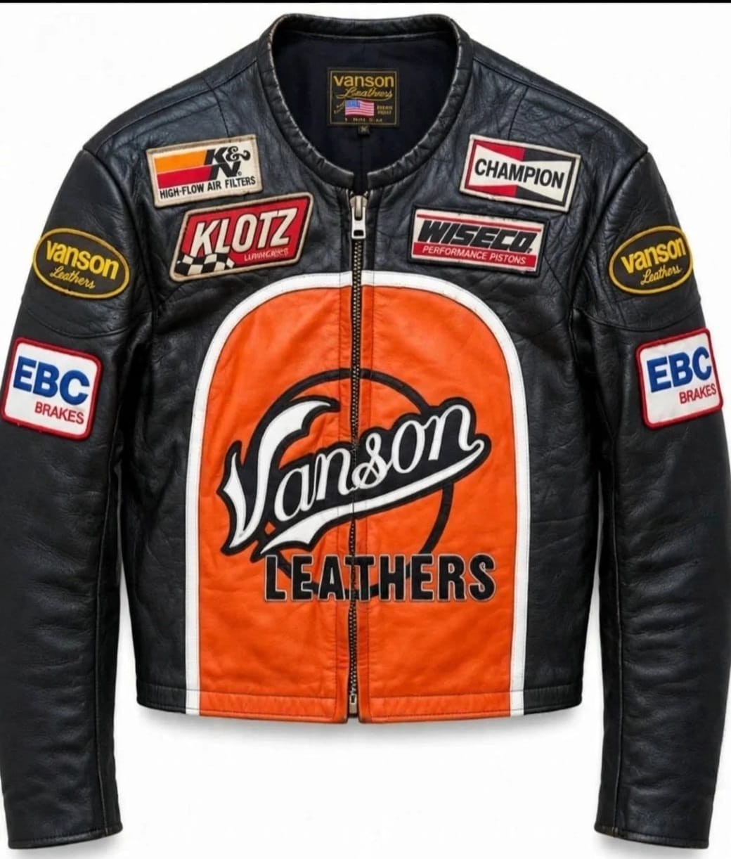 Vanson Leathers Racing Motorcycle Jacket Black & Orange Leather Biker Coat