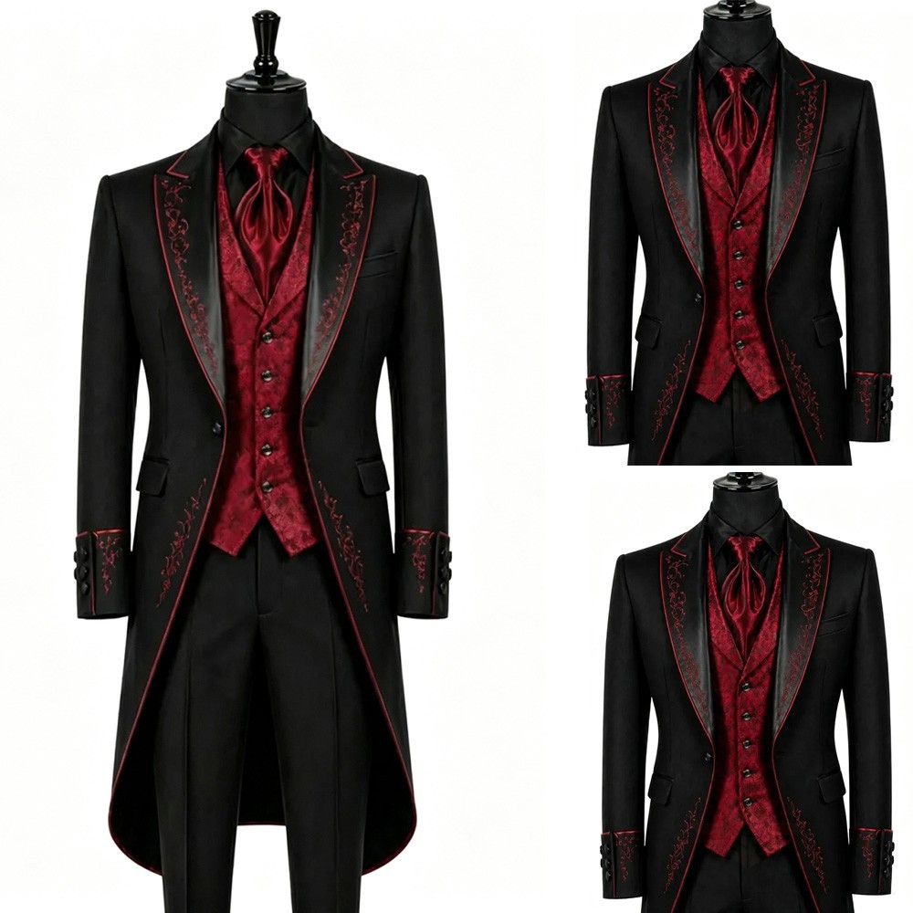 British 3pcs Men's Suit Black &Red Wedding Tuxedo Evening Party Prom Long Coat