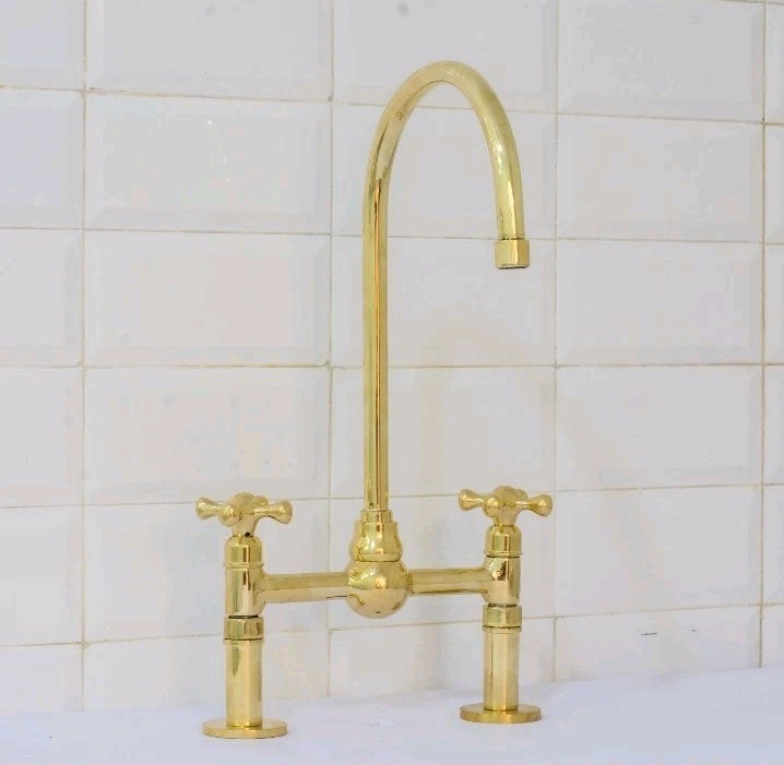Unlacquered Antique Brass Kitchen Faucet - Solid Brass Bridge faucet and Sprayer