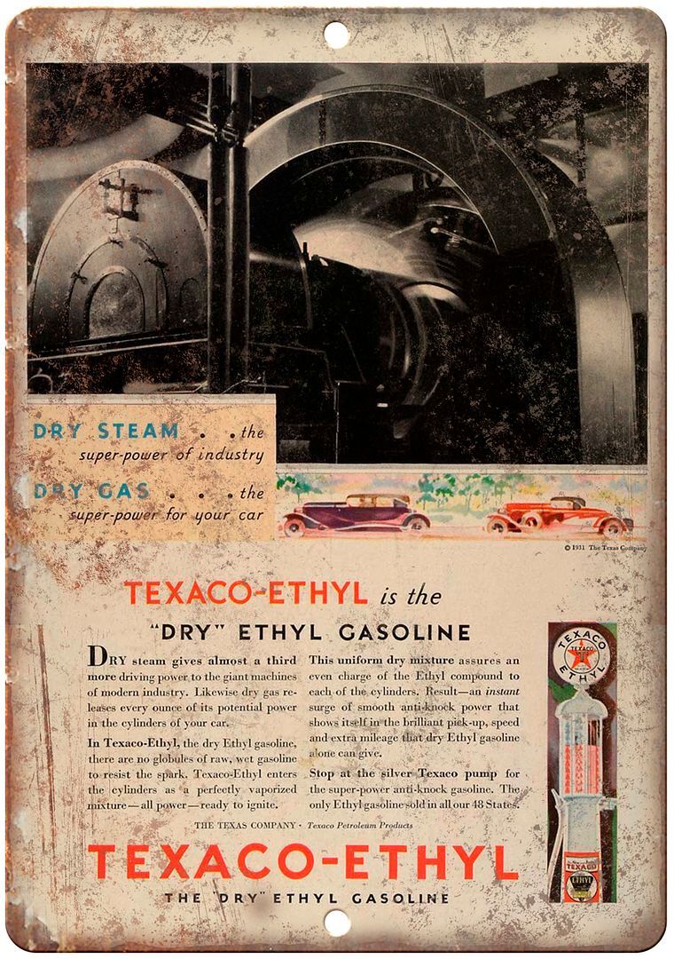 Texaco Ethyl Dry Gasoline Vintage Ad Reproduction Metal Sign A918