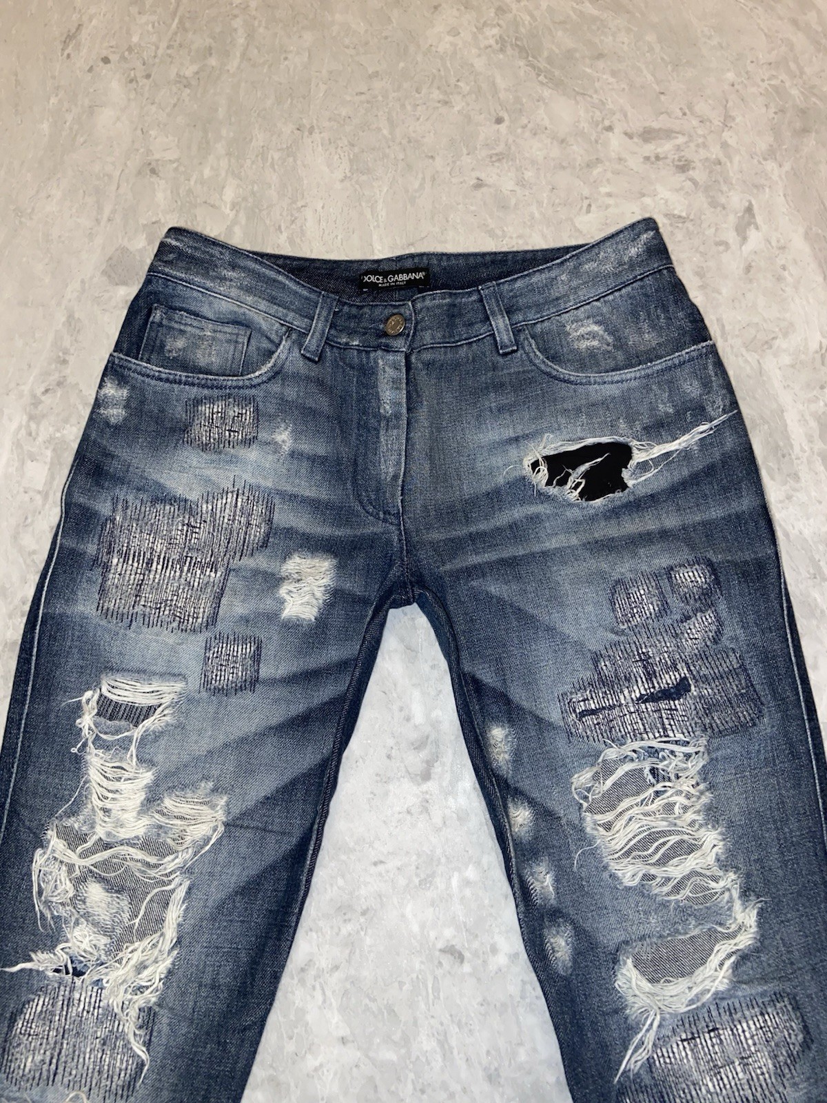 Dolce & Gabbana Vintage Distressed Patchwork Jeans Logo Plaque Slim IT 44