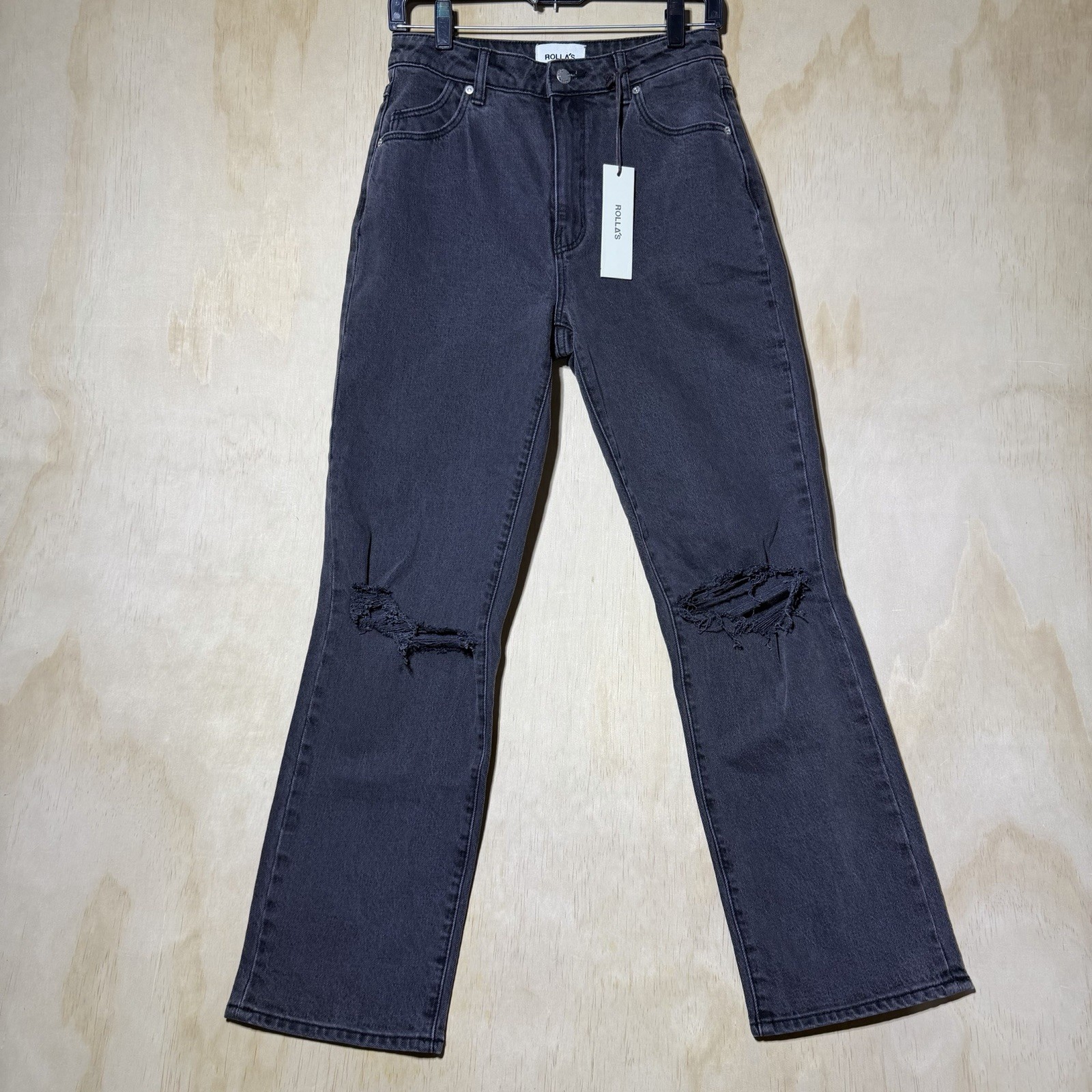 Rolla’s Original Straight Jeans Brad Black Worn Distressed 14399B Womens 28 NWT