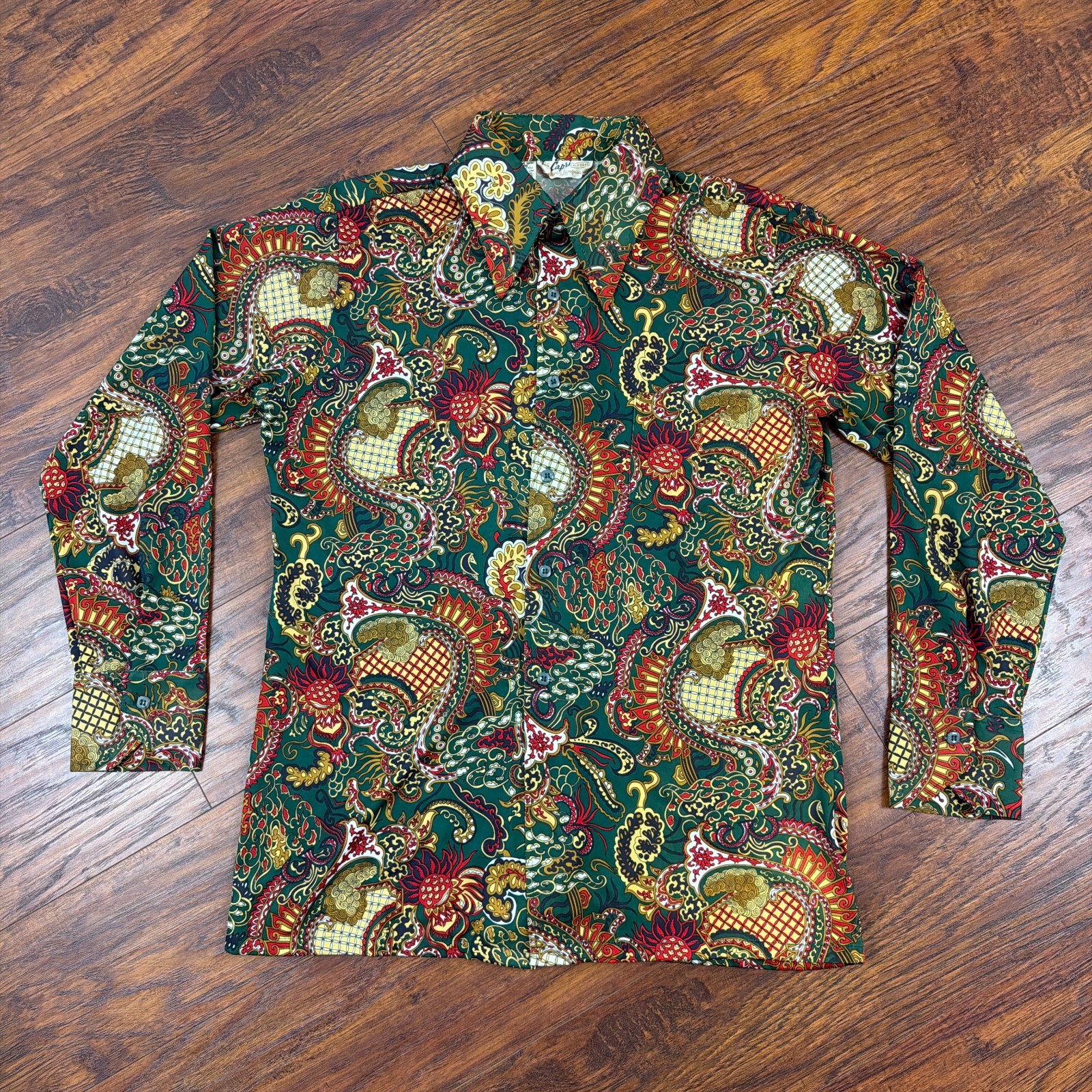 VINTAGE Capri California Shirt Mens L Green Paisley 70s Disco David Langman