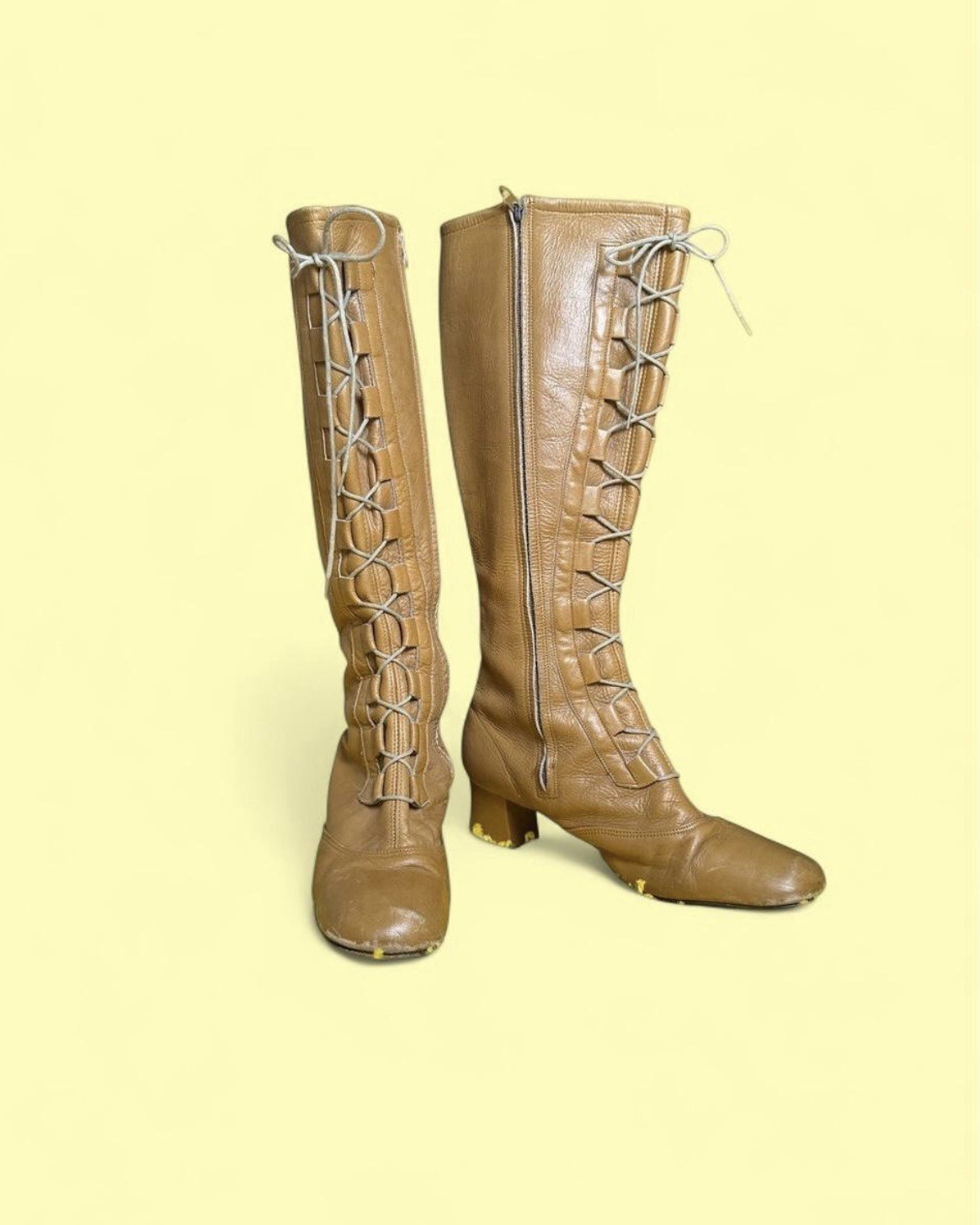 Vintage 60s 70s Tan Leather Lace Up Tall Knee High Boots Size 9.5