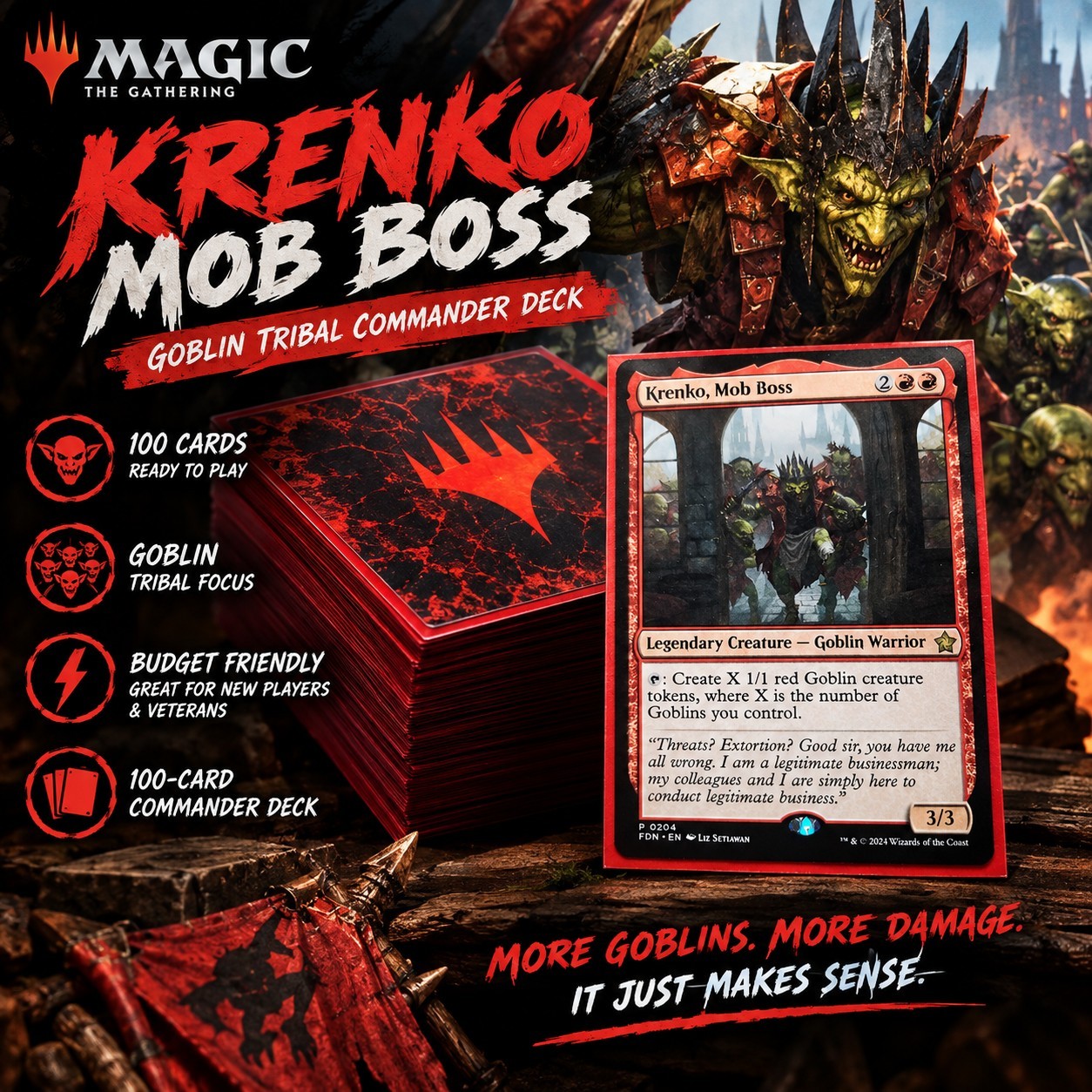 MTG Krenko Mob Boss Commander Deck 100 Card Goblin Tribal Pre-Sleeved + Deck Box