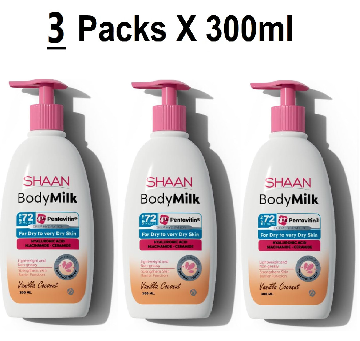 Shaan Body Milk Strengthening with Hyaluronic Acid, Niacinamide(3Packs X 300ML)