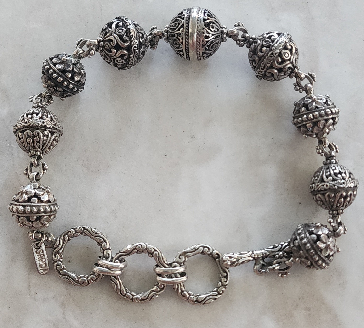 Sarda Sterling Silver Ornate Bali Bead Adjustable Toggle Bracelet
