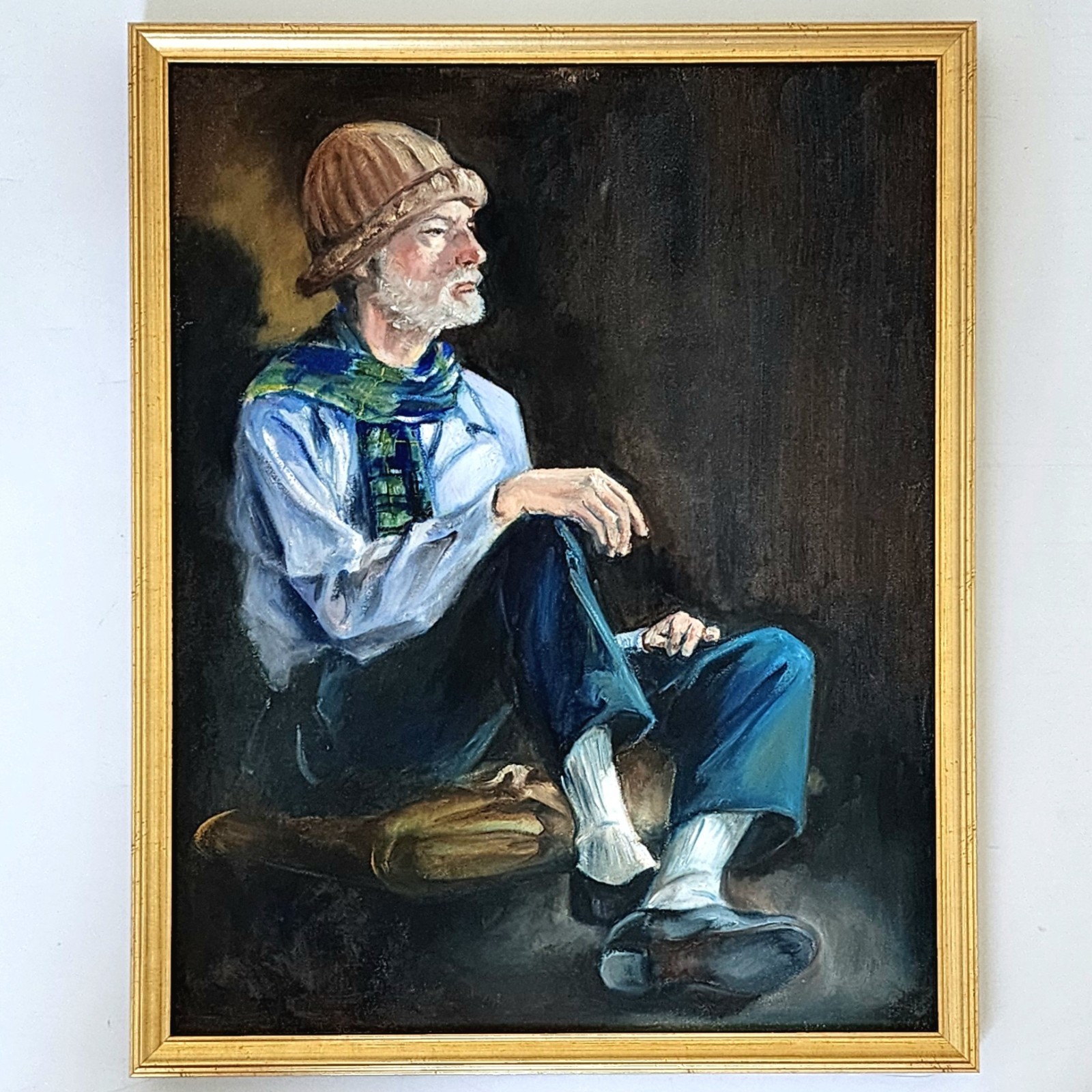 Original Oil Painting Portrait Seated Old Man Blue Scarf Cap Custom Framed 16x20