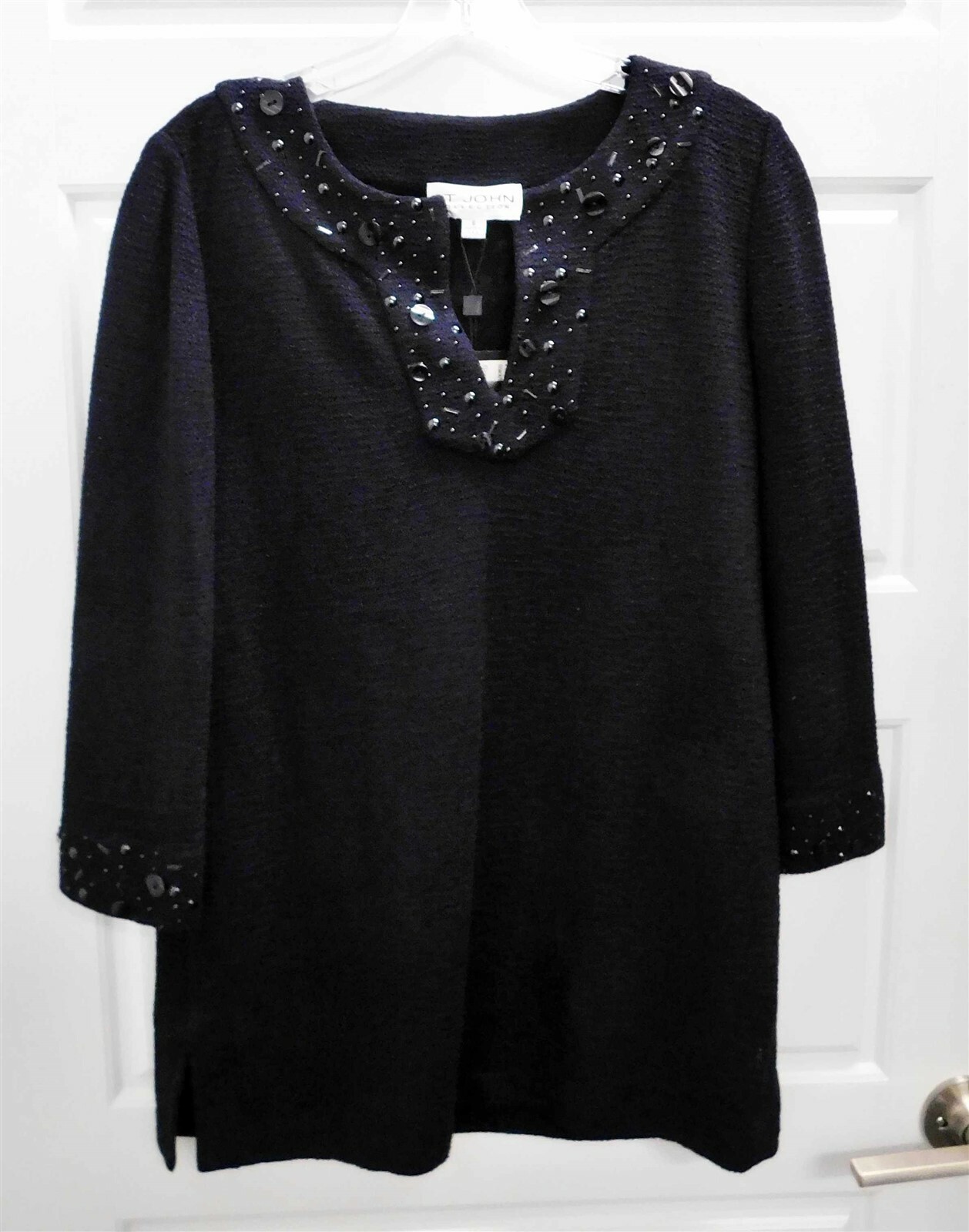 New St John USA $795rt Black Knit Studded Button V-Neck Tunic Sweater sz S