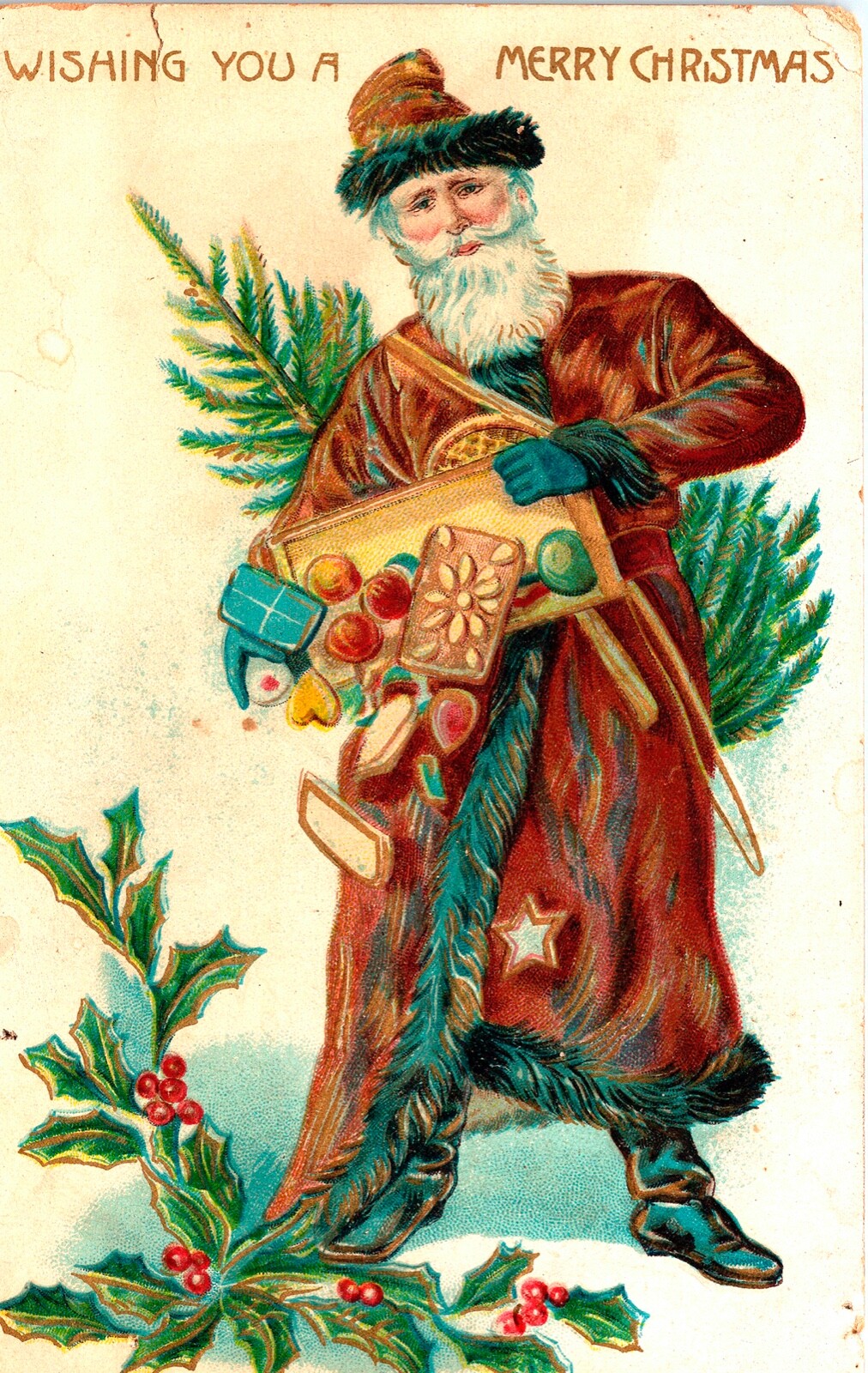 Vintage 1908 Santa Claus with Brown Robe and Blue Beard Christmas Postcard